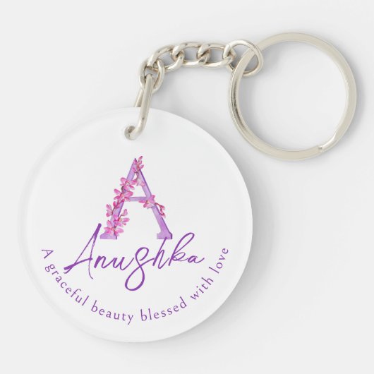 オーキッドウォーターカラーモノグラムAnushkaの名前の意味 キーホルダー (裏面)
