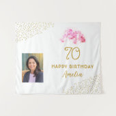 オーキッドウォーターカラー金ゴールドグリッター70th誕生日写真 タペストリー (正面(横))