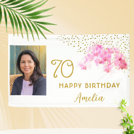 オーキッドウォーターカラー金ゴールドグリッター70th誕生日写真 横断幕