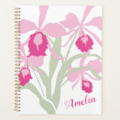 オーキッドカトレヤピンクの緑の白いグラフィックアート名 プランナー手帳 (正面)