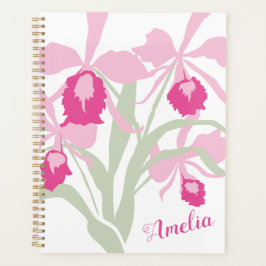 オーキッドカトレヤピンクの緑の白いグラフィックアート名 プランナー手帳