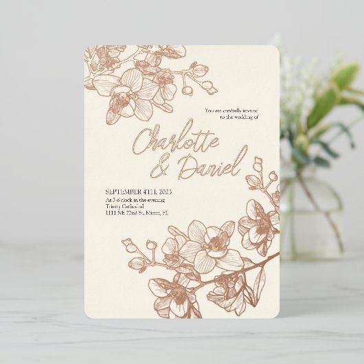 オーキッドゴールデンモーメント |のフォイル結婚招待状 箔招待状 (立ち正面)