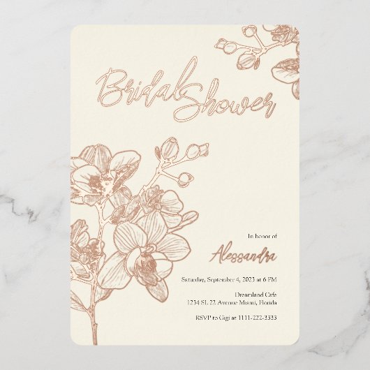 オーキッドゴールデンモーメント | 結婚s |ブライダルシャワー 箔招待状 (正面)