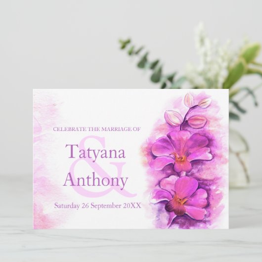 オーキッドスタイルの水の色の紫色の結婚式の招待 招待状 (スタンド正面)