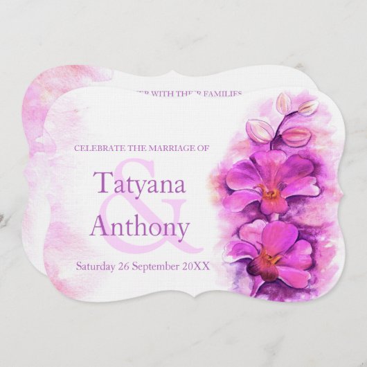 オーキッドスタイルの水の色の紫色の結婚式の招待 招待状 (正面/裏面)