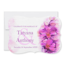 オーキッドスタイルの水の色の紫色の結婚式の招待