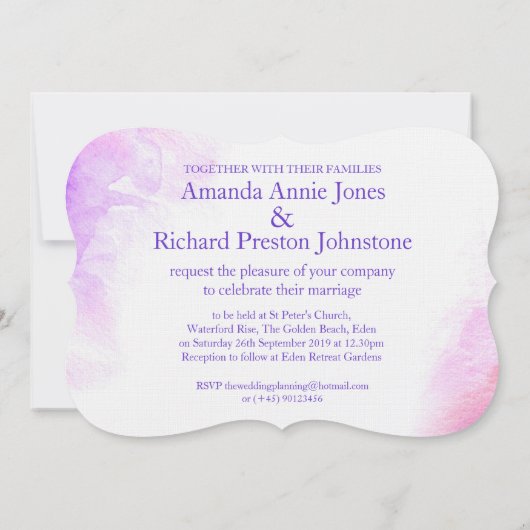オーキッドスタイルの水の色の紫色の結婚式の招待 招待状 (裏面)