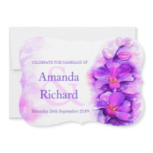 オーキッドスタイルの水の色の紫色の結婚式の招待