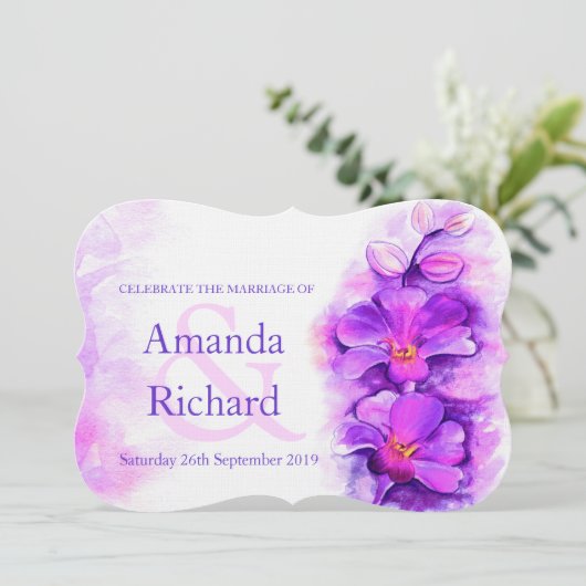 オーキッドスタイルの水の色の紫色の結婚式の招待 招待状 (スタンド正面)