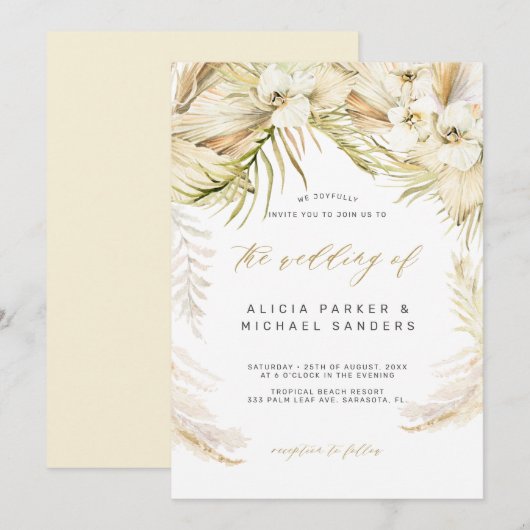 オーキッドトロピカルボヘミアングールドパンパスグラスウェディング 招待状 (正面/裏面)