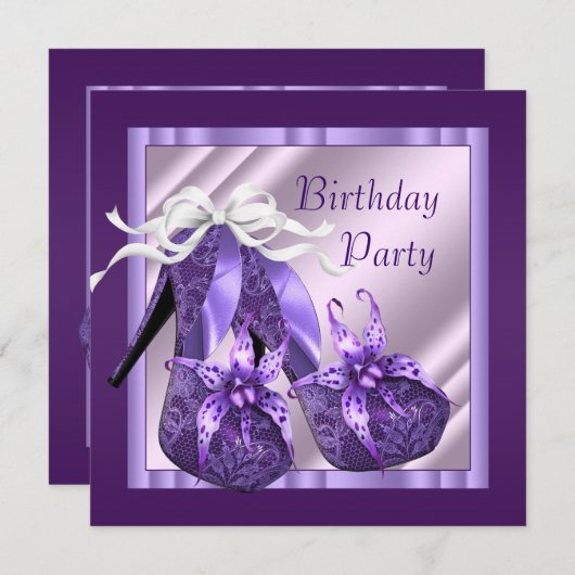 オーキッドハイヒールシューズ女性パープル誕生日 招待状 (正面/裏面)
