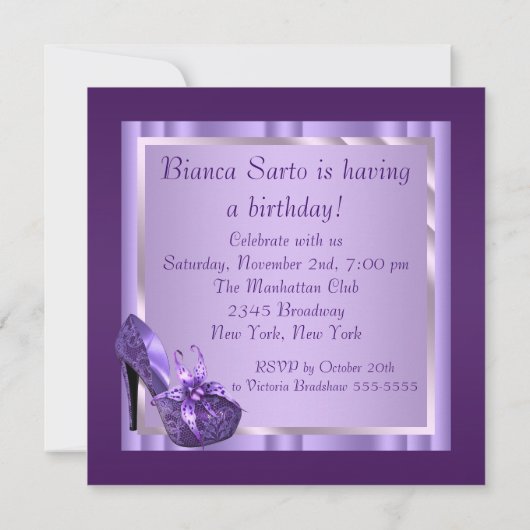 オーキッドハイヒールシューズ女性パープル誕生日 招待状 (裏面)