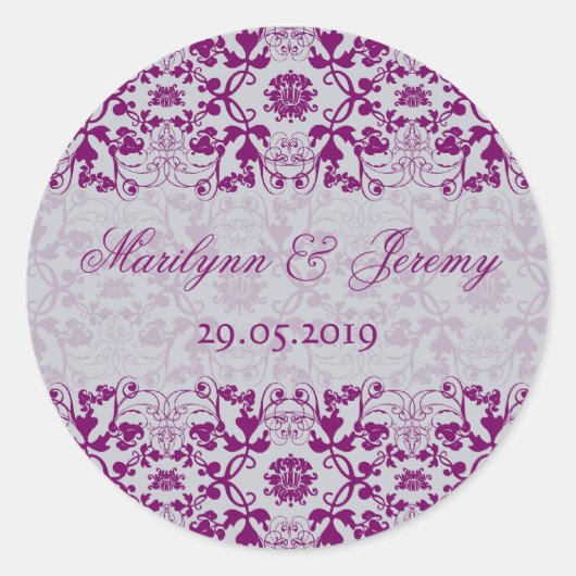 オーキッドパープルヴィンテージダマスクレース結婚式の引き出物 ラウンドシール (正面)