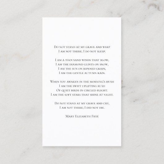 オーキッドフラワーオンホワイト葬儀記念祈りの言葉 名刺 (裏面)