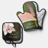 オーキッドフラワーカウアイ、ハワイ 鍋つかみ&鍋敷きセット (正面/裏面)