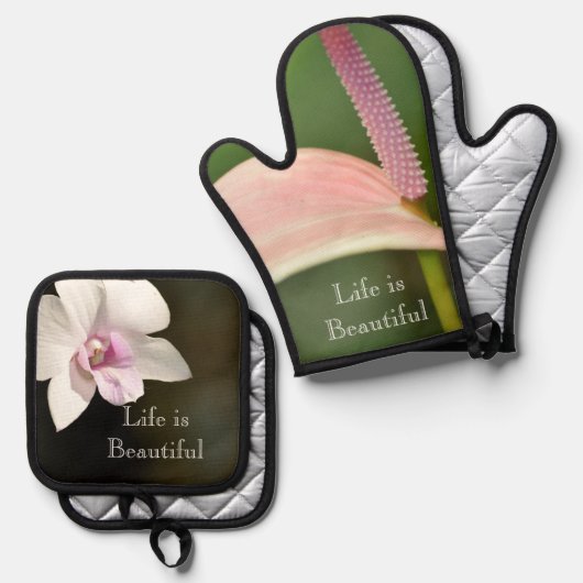 オーキッドフラワーカウアイ、ハワイ 鍋つかみ&鍋敷きセット (正面/裏面)