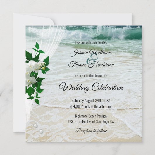 オーキッドフラワーズビーチとレース目的地の結婚式 招待状 (正面)