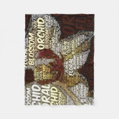 オーキッドフローラブロッサムワードクラウドオーバーブルゴーニュ フリースブランケット (正面)