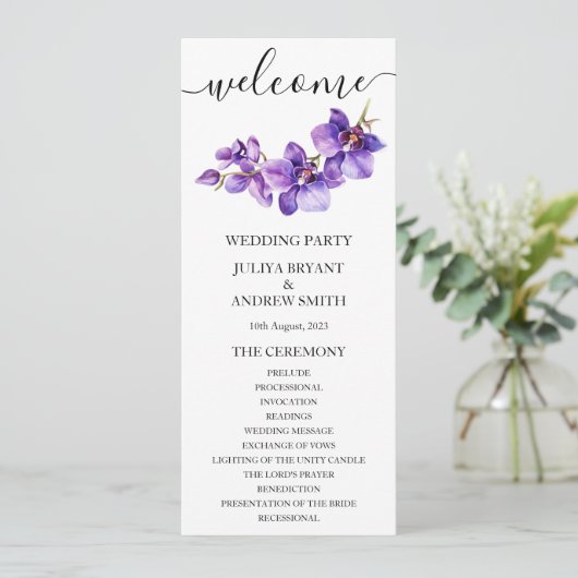 オーキッドホワイトスクリプト結婚式プログラムカード (スタンド正面)