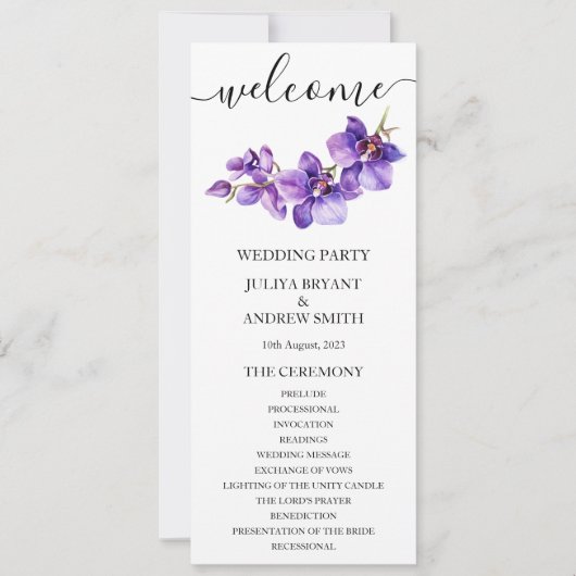 オーキッドホワイトスクリプト結婚式プログラムカード (正面)