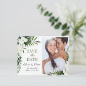 オーキッドボヘミアンフローラ結婚式の日付を保存する写真 ポストカード (スタンド正面)