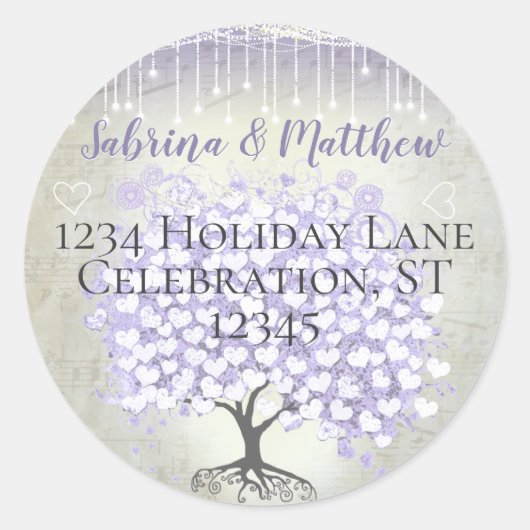 オーキッド赤面ラベンダーハートリーフ結婚ツリーズシール ラウンドシール (正面)