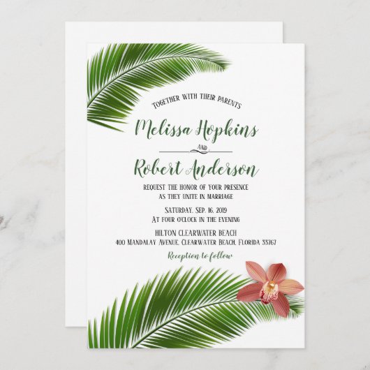 オーキッド&パームリーフトロピカル結婚フローラの巣 招待状 (正面/裏面)