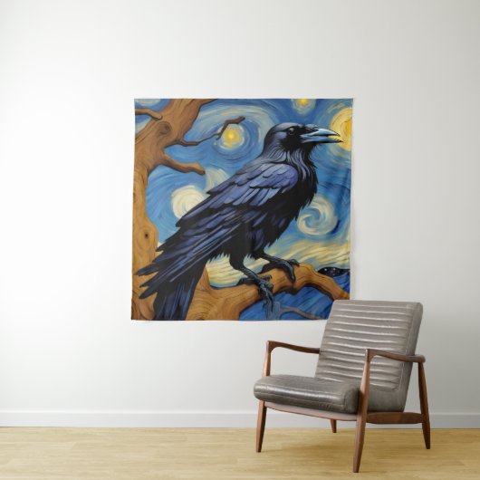 オークの古木の星空の夜の烏 タペストリー (インサイチュ)