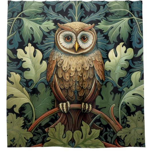 オークの木に生えたフクロウ シャワーカーテン (正面)