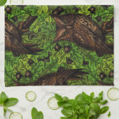 オークの木に生えた緑と茶色のフクロウ キッチンタオル (折り畳み)
