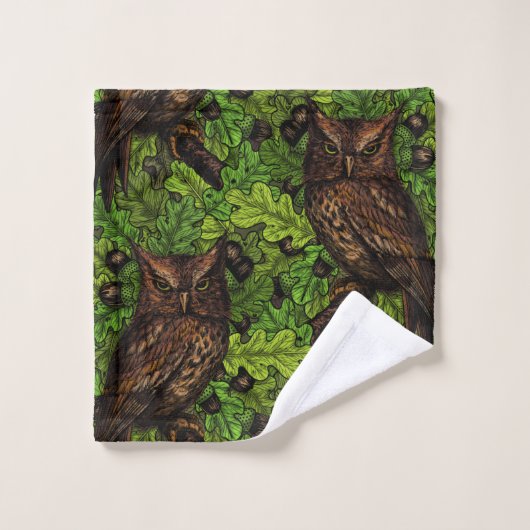 オークの木に生えた緑と茶色のフクロウ バスタオルセット (ウォッシュタオル)