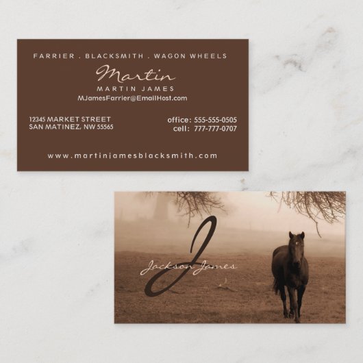 オークの木の下の馬セピアとモノグラム 名刺 (正面/裏面)