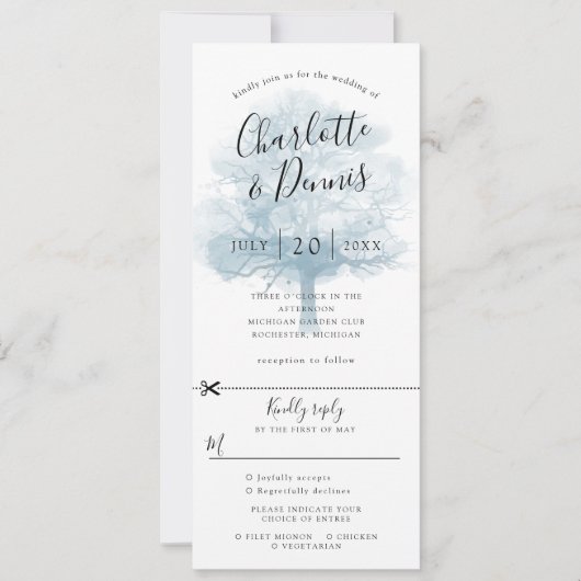 オークの木の青い結婚式招待状(RSVP付き) 招待状 (正面)