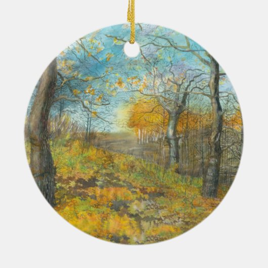 オークの木立の水絵画色の秋の黄金 セラミックオーナメント (裏面)