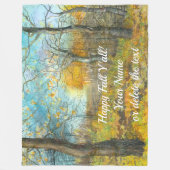 オークの木立の水絵画色の秋の黄金 フリースブランケット (正面)