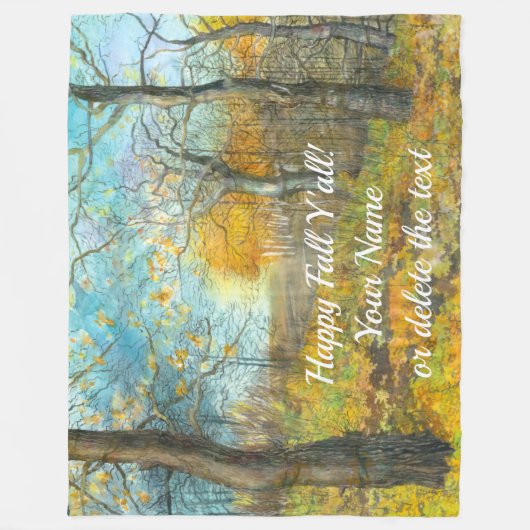 オークの木立の水絵画色の秋の黄金 フリースブランケット (正面)