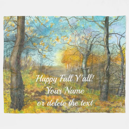 オークの木立の水絵画色の秋の黄金 フリースブランケット (正面(横))