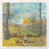 オークの木立の水色の秋の黄金 ガラスコースター (正面)