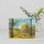 オークの木立の水色の秋の黄金 箔シーズンポストカード (立ち正面)