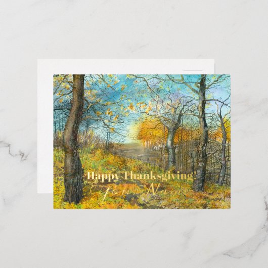 オークの木立の水色の秋の黄金 箔シーズンポストカード (正面/裏面)