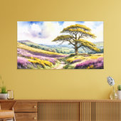 オークの木、丘陵、ヘザーがある田園風景 キャンバスプリント (インサイチュ (リビング))