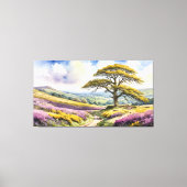 オークの木、丘陵、ヘザーがある田園風景 キャンバスプリント (正面)