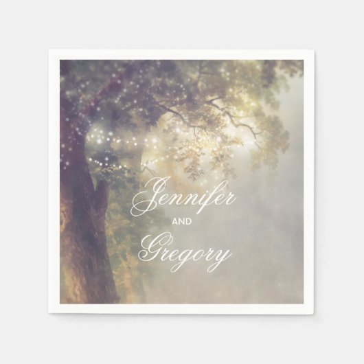 オークツリーとストリングライトの素朴庭園の結婚式 スタンダードカクテルナプキン (正面)