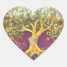 オークツリーのシールに紫と金ゴールド結婚のイニシャル ハートシール