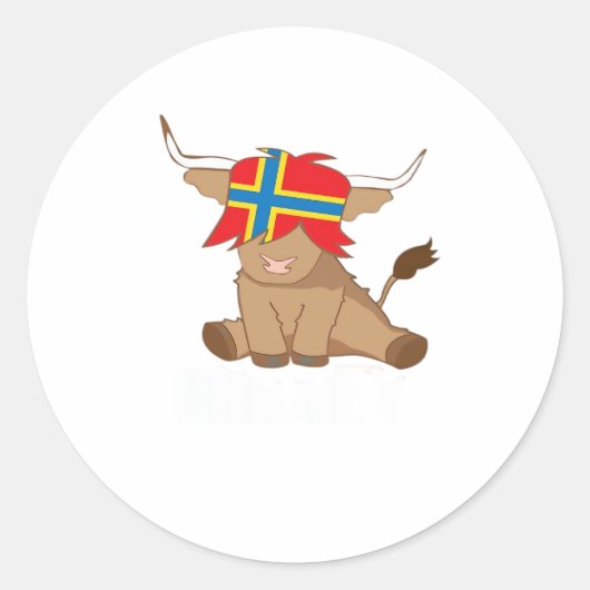 オークニー島の旗のギフトスコットランドの高地の牛のカット ラウンドシール (正面)