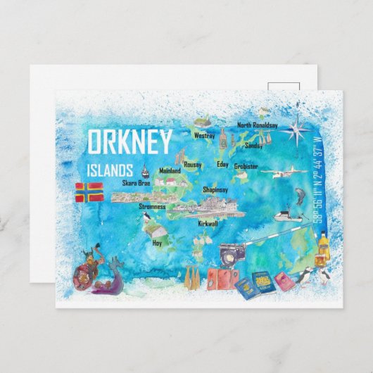 オークニー諸島のイラスト入り旅行地図 ポストカード (正面/裏面)