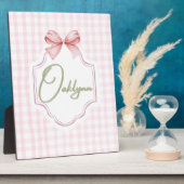 オークパーソナライズされたリンベビーガール子供部屋ボウ&ギンガム フォトプラーク (側面)