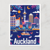 オークランドニュージーランドヴィンテージトラベルイラストレーション ポストカード (正面)