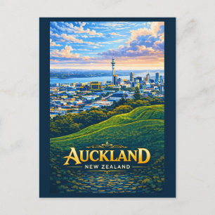 オークランド ニュージーランド スカイライン イラスト 旅行 ポストカード
