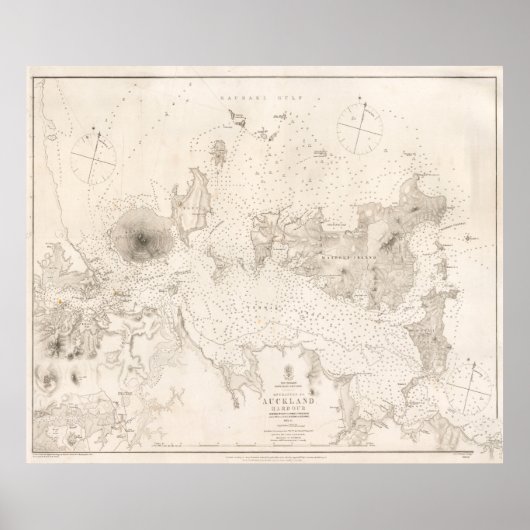 オークランド・ハーバー・ニュージーランドのヴィンテージの地図（1857年） ポスター (正面)